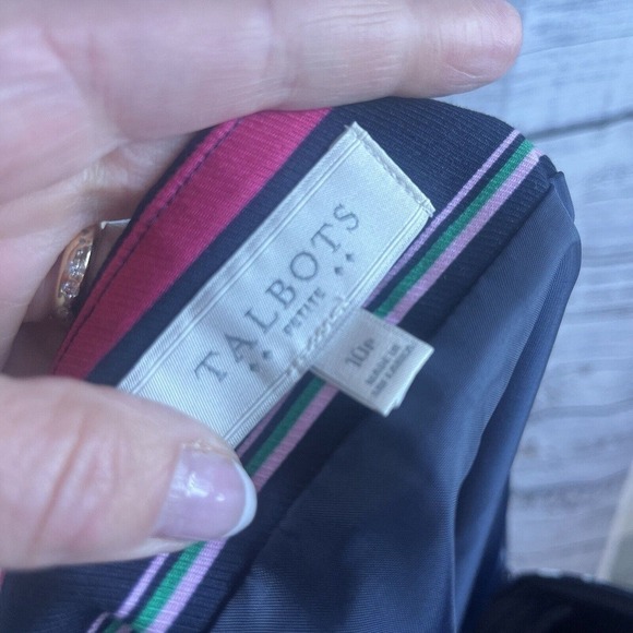 Talbots Skirt size 10 Petite Navy Blue Pink Striped Knee A Line Stretch Modest - Picture 11 of 11